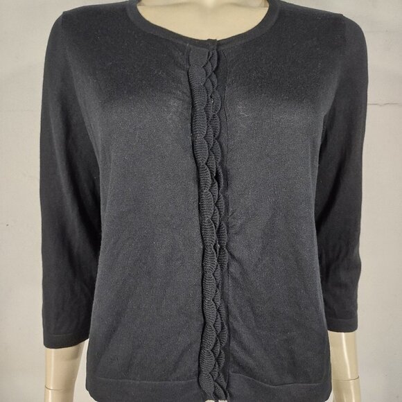 Pure Collection black Silk Linen blend ruffle front cardigan sweater ladies sz 6 - Picture 1 of 7